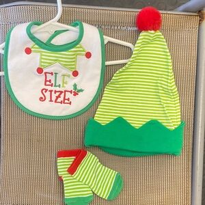 Baby Elf Hat, Bib and Socks Set - Green & Red Holiday Outfit